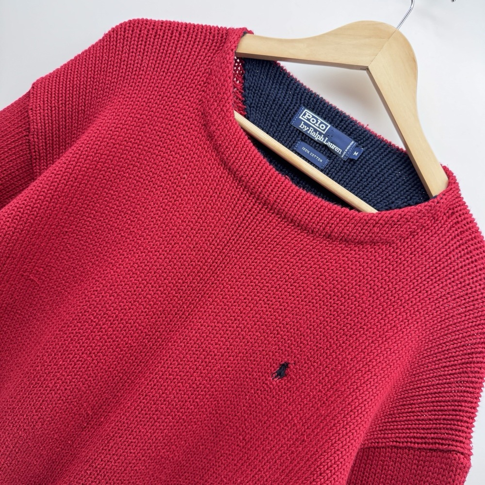 Polo Ralph Lauren Mens M Red Cotton Crewneck Knit Sweater Navy Pony Logo Vintage